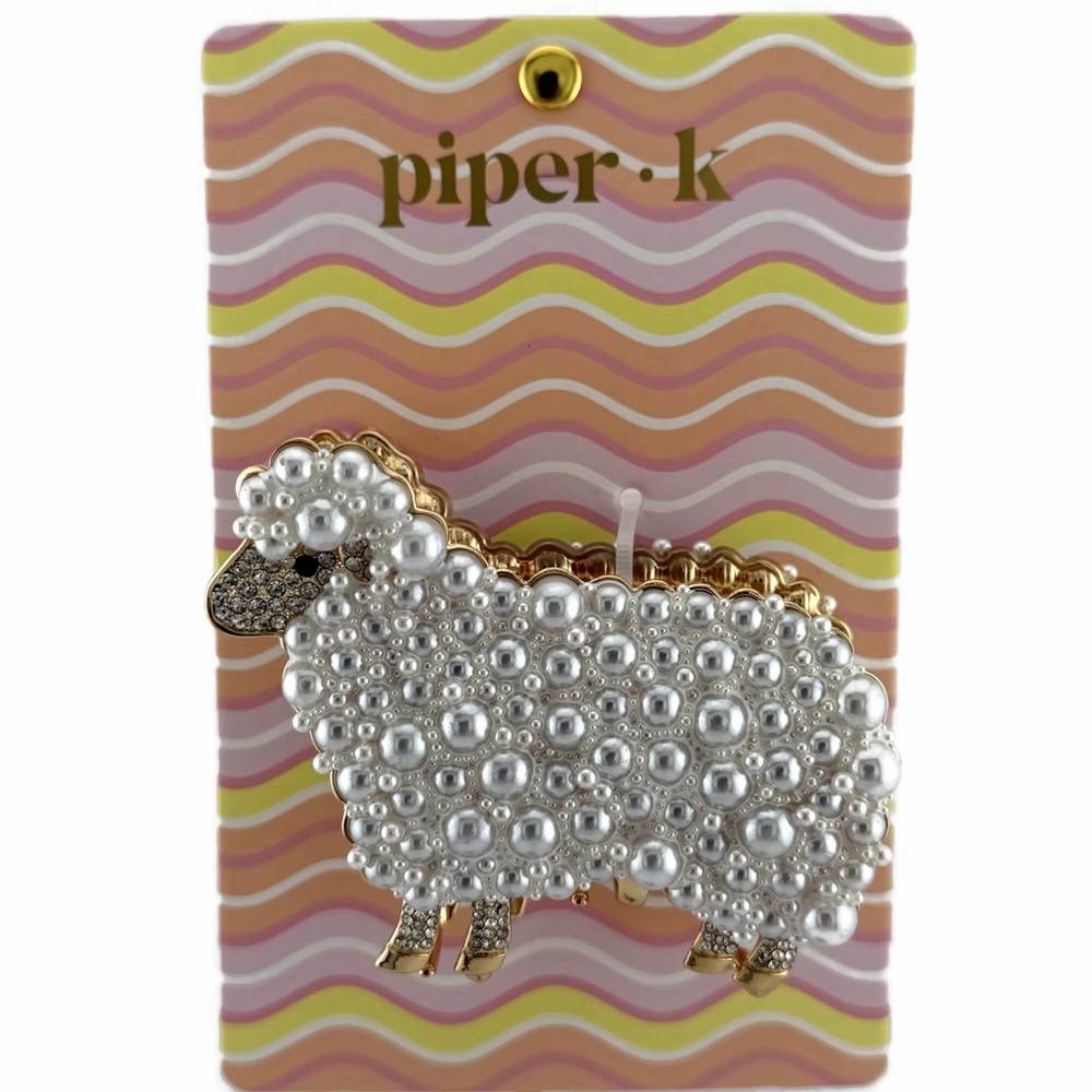 Piper K Sheep Hair Claw Clip Gold Tone Silver Rhinestones Faux Pearl